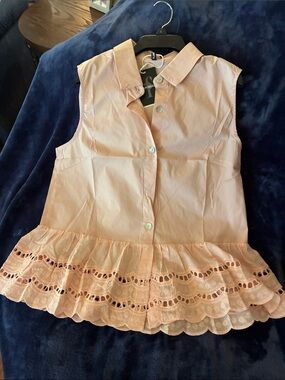 Sleeveless Peach Eyelet Ruffle Hem Button-Front Blouse